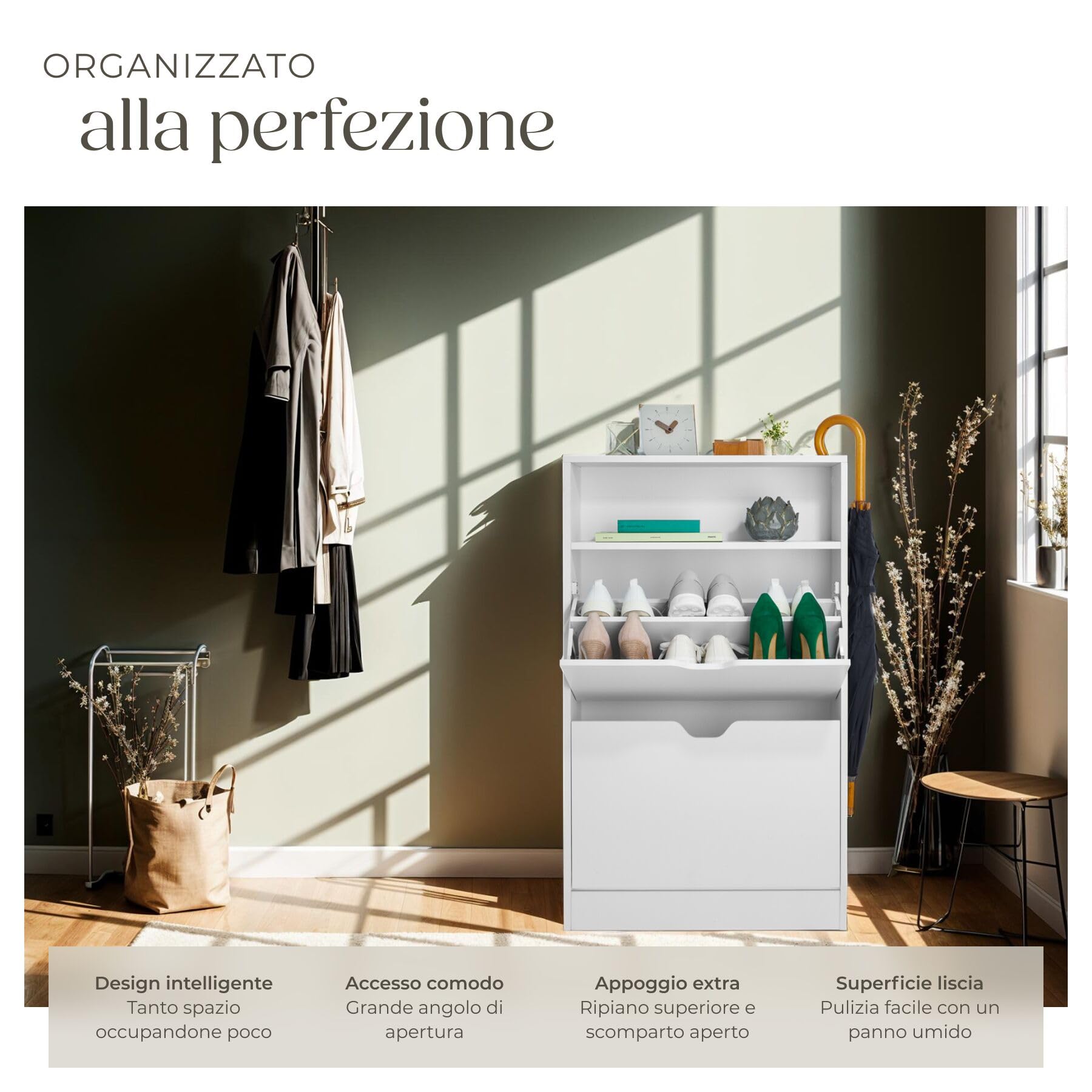 tectake® Scarpiera Moderna con 2 Cassetti a Ribalta, 4 Ripiani per 12 Paia di Scarpe, Elemento a Scaffale Aperto, Maniglie Incassate, Ripiani Smontabili, Protezione Antiribaltamento - Bianco