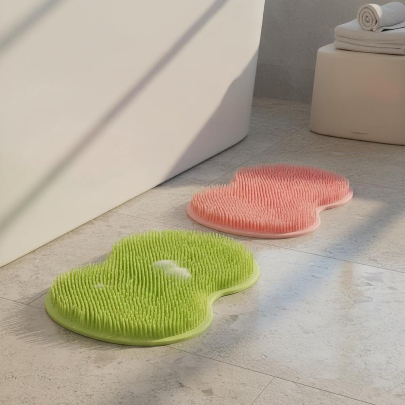 Alfombra Exfoliante de Ducha Cepillo para Pies Limpiador Masajeador Antideslizante de Goma Termoplástica con Ventosas Estables y Drenaje Rápido, Blanco Leche+Rosado