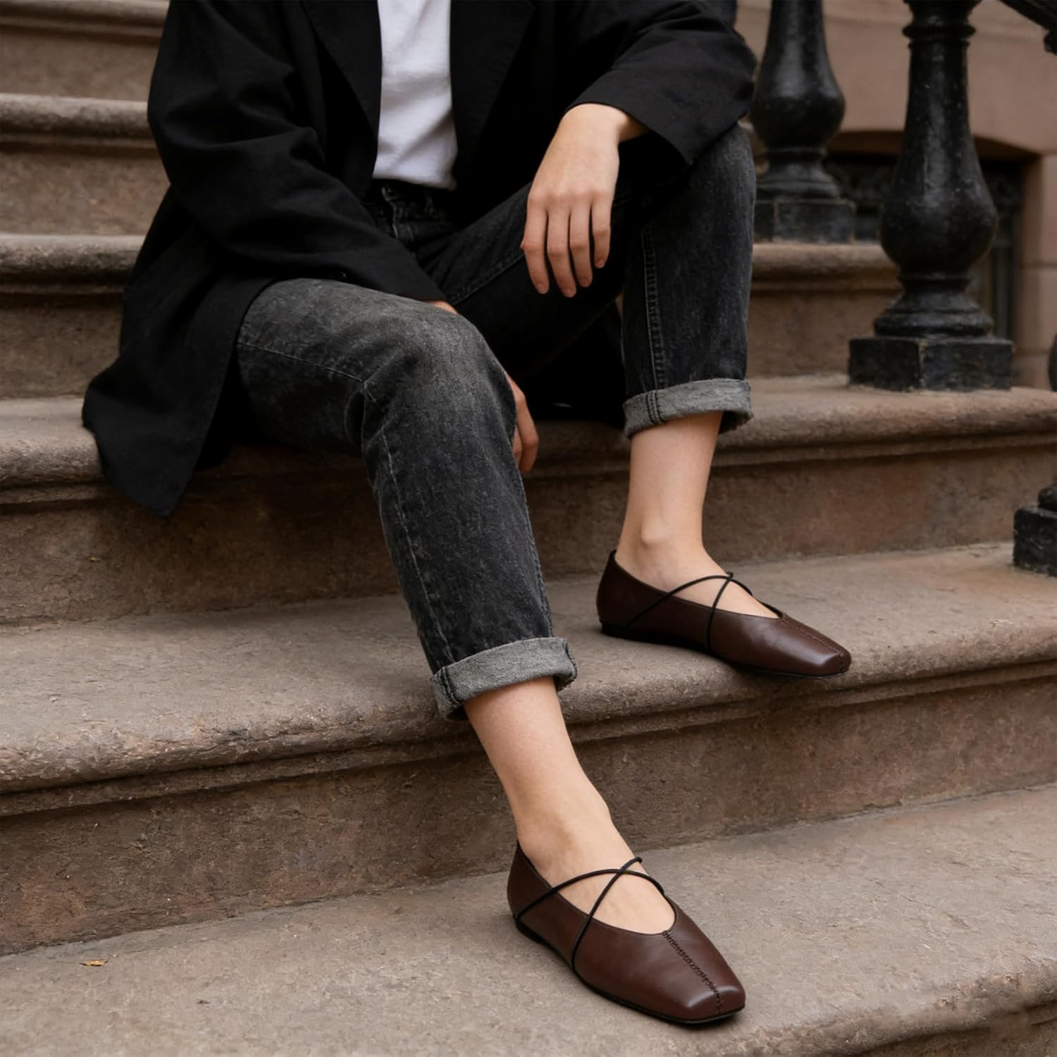 Women's Square Toe Ballet Flats Criss-Cross Straps Comfortable Slip On Mary Jane Flat Shoes for Office Work Casual - Image 3