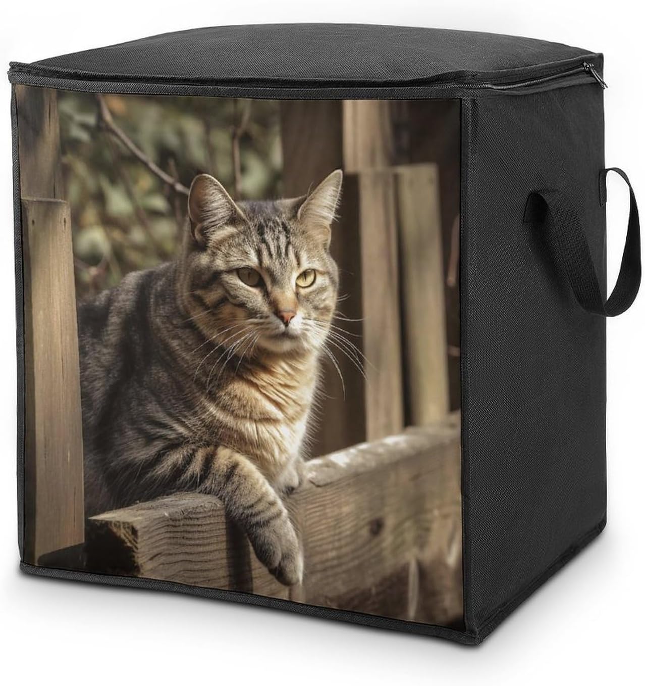 Portable Quilt Storage Bag,Cat on Wooden Fence Printed Foldable Wardrobe Storage Box Foldable Storage Bag with Lids And Handle Large Clothing Storage Bag for Comforters Clothes Blankets Pillows