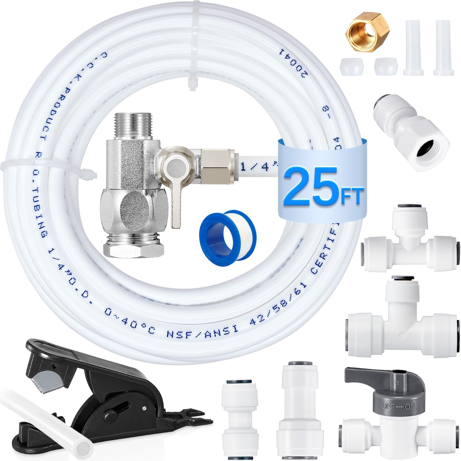 Refrigerator Water Line Kit - 25 FT with Feed Water Adapter for Ice Maker | Brass Adapter,Food Grade 1/4" Water Tubing and Quick Fittings all Include,Fridge Water Line Kit for Refrigerator,RO System