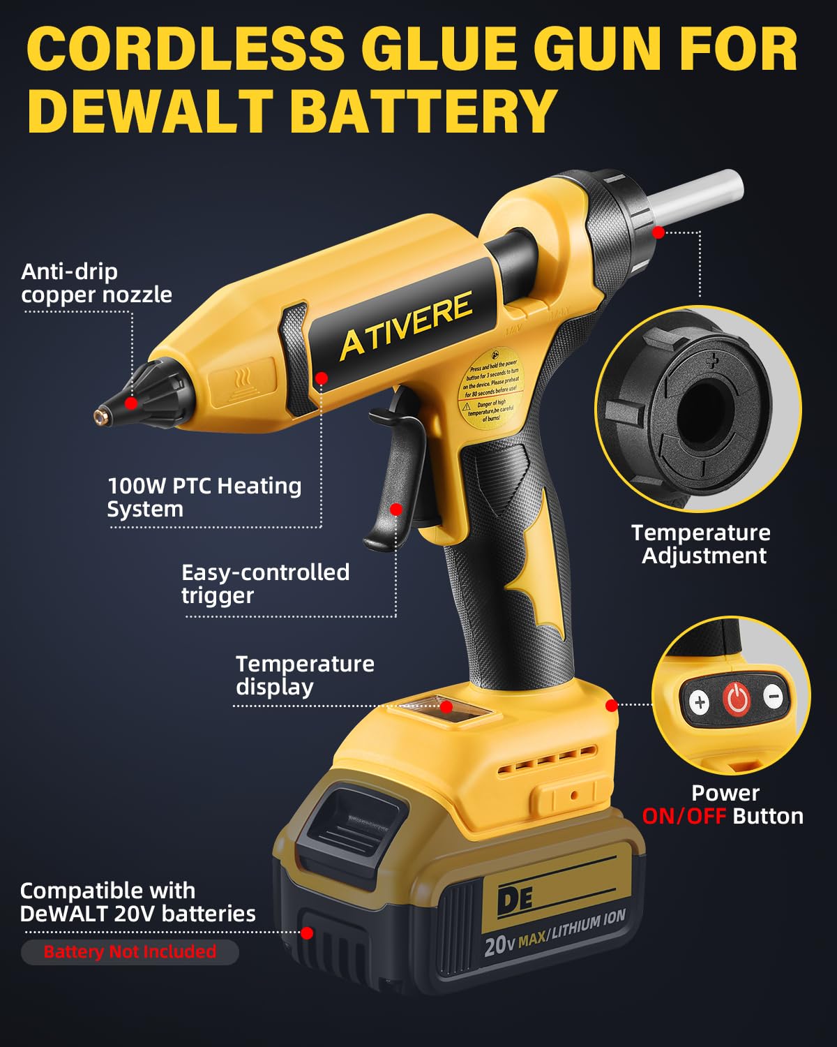 Pistolet à colle chaude sans fil 100 W compatible avec batterie DeWalt 20 V (outil uniquement), pistolet à colle numérique sans fil amélioré à température réglable avec 10 bâtons de colle de
