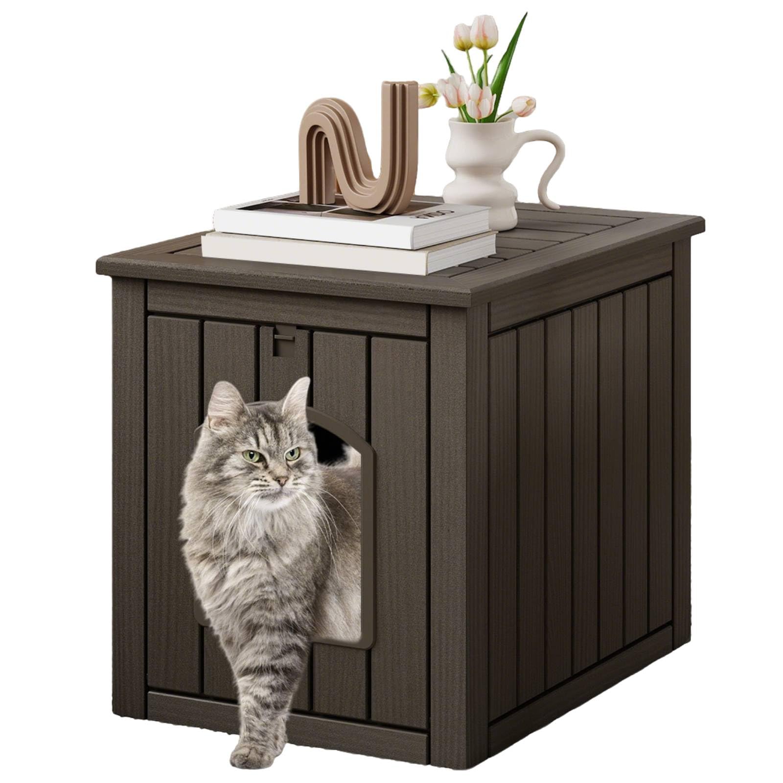 GYMAX Hidden Cat Litter Box Enclosure, Waterproof Cat House with Flip Front Door and Raised Floor, Indoor Outdoor Pet House Crate for Kitten (Light Coffee)