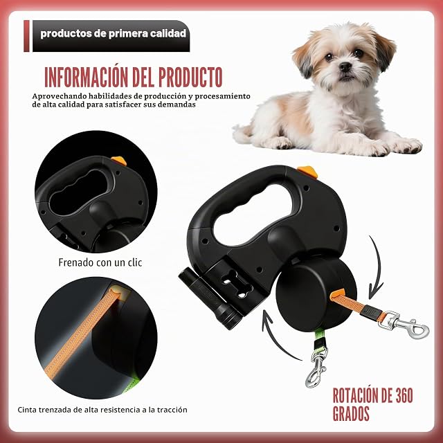 Foto 4 de 7 de BAIFULAI Correa retráctil para 2 perros, 3 metros, doble correa para 2 perros con luz