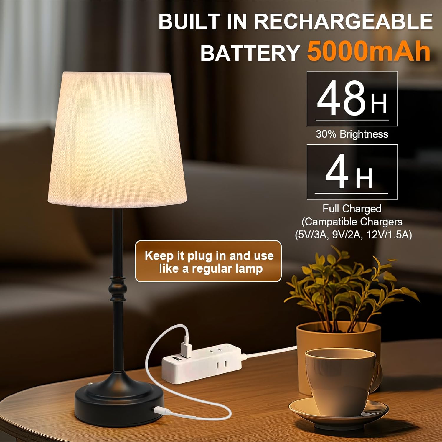 Cordless Lamp Rechargeable LED Table Lamp, 5000mAh Battery Operated, 3 Level Brightness, Portable Night Bedside Lamp, Ambient Desk Light for Home Decor, Patio, Restaurant, Dinning
