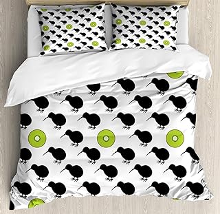 Lunarable Kiwi Duvet Cover Set, Funny Pattern of Same Named Halved Fruit and Bird Silhouette, Decorative 3 Piece Bedding Set with 2 Pillow Shams, Queen Size, Charcoal Grey Apple Green White