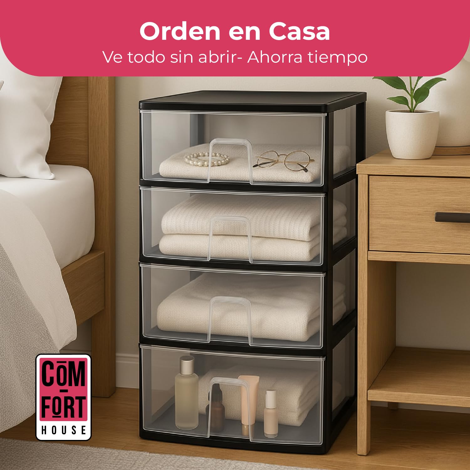 COM-FORT HOUSE | Cassettiera impilabile in plastica | Modello Trasparente | Colore nero | Modello a 4 cassetti | Cassetti modulari