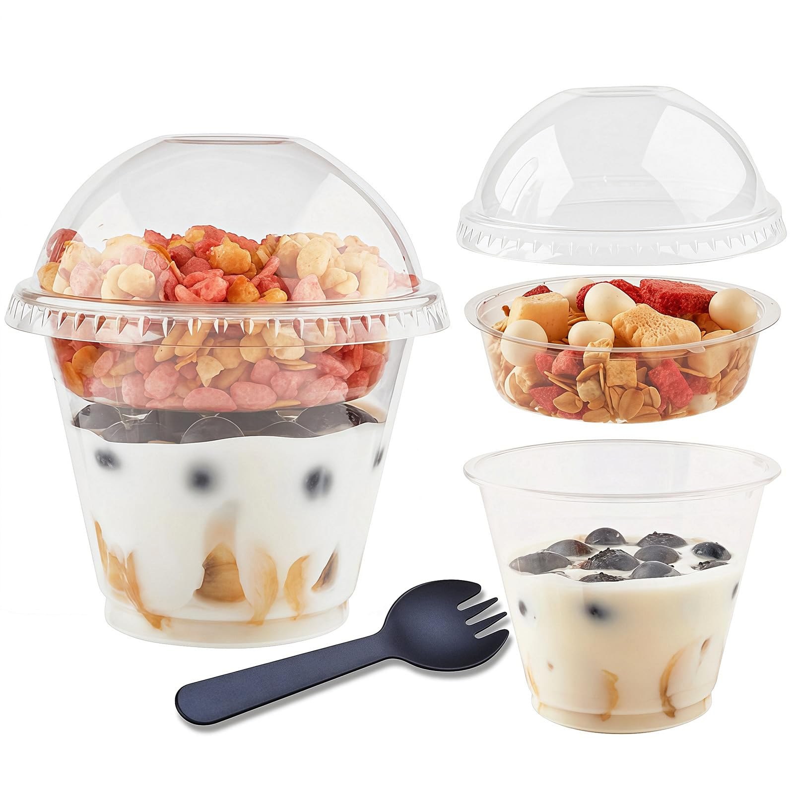 Zezzxu 50 Pack 9 oz Plastic Yogurt Parfait Cups with Dome Lids Inserts and Sporks, Clear Disposable Parfait Conatiners for Cereal Granola Fruit Snacks Veggies and Dips
