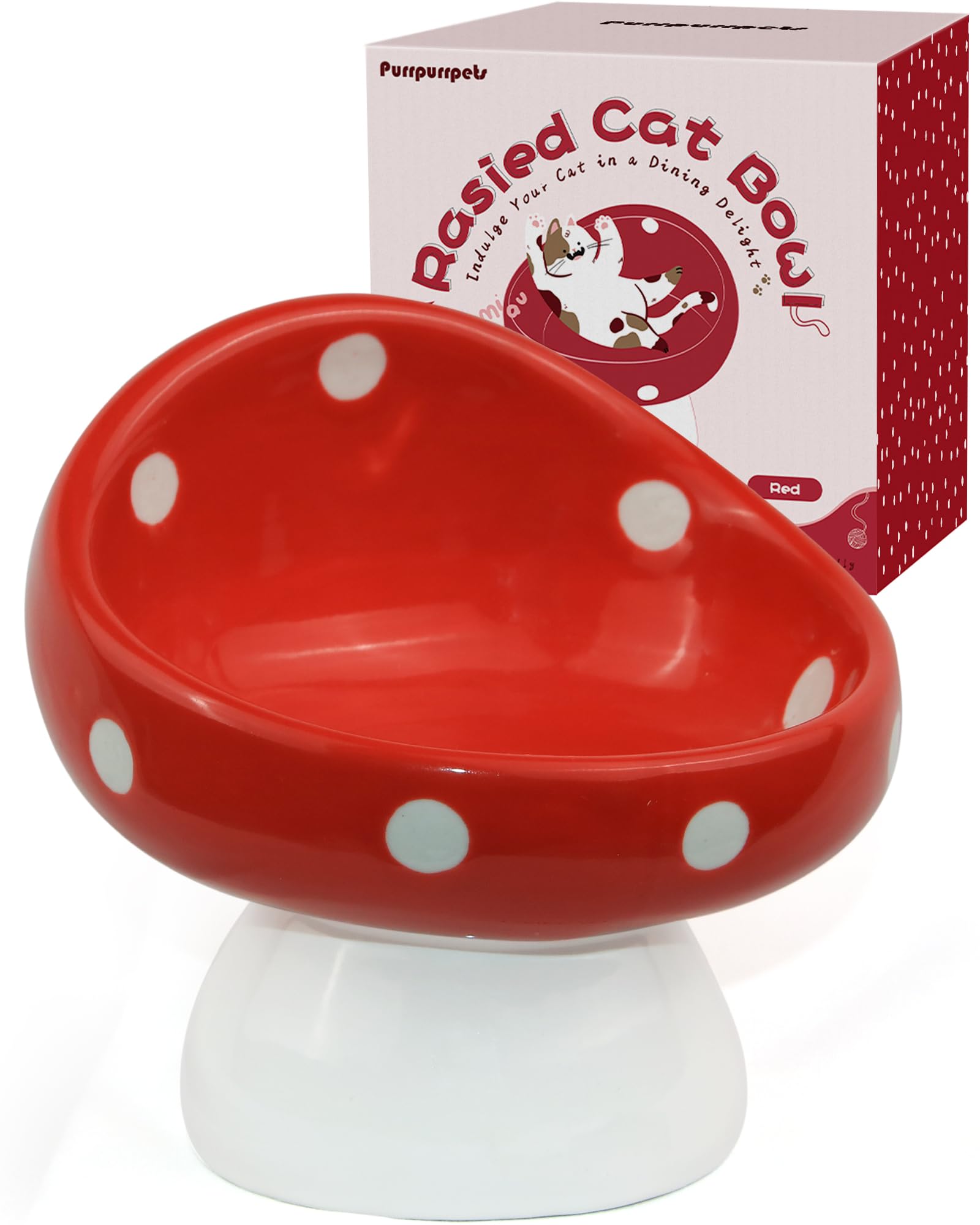 Purrpurrpets Raised Ceramic Cat Bowl, Mushroom Cute Elevated Cat Bowls Whisker Friendly, Premium Food-Grade Ceramic, Red