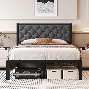 Full Bed Frame with Headboard Linen Upholstered Bed Frame Platform,All Metal Slats Support Platform Bed Frame with Storage Space,Easy Assembly,Noise Free,No Box Spring Needed,Grey