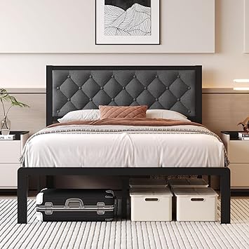 Full Bed Frame with Headboard Linen Upholstered Bed Frame Platform,All Metal Slats Support Platform Bed Frame with Storage Space,Easy Assembly,Noise Free,No Box Spring Needed,Grey