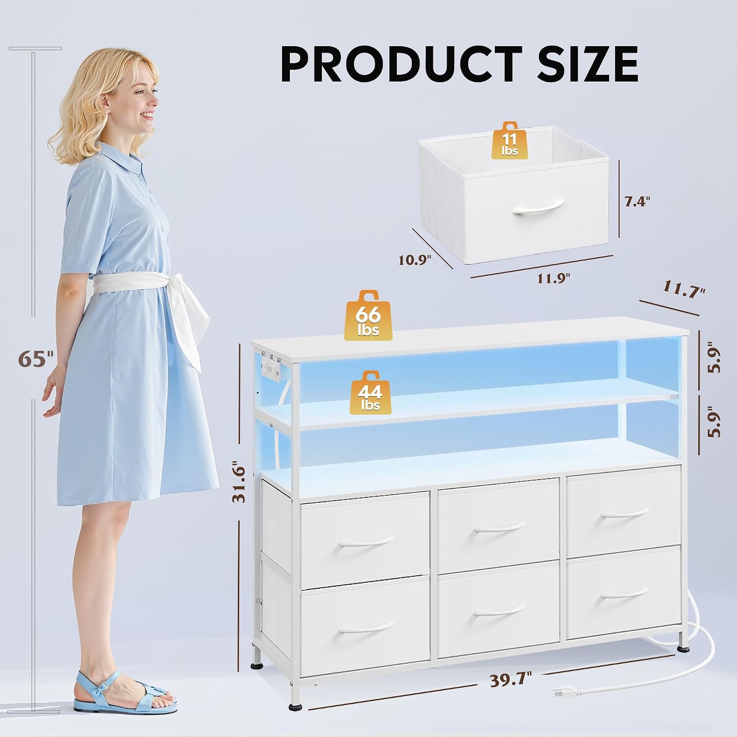WLIVE TV Stand with 6 fabric drawers, showcasing the storage capacity.