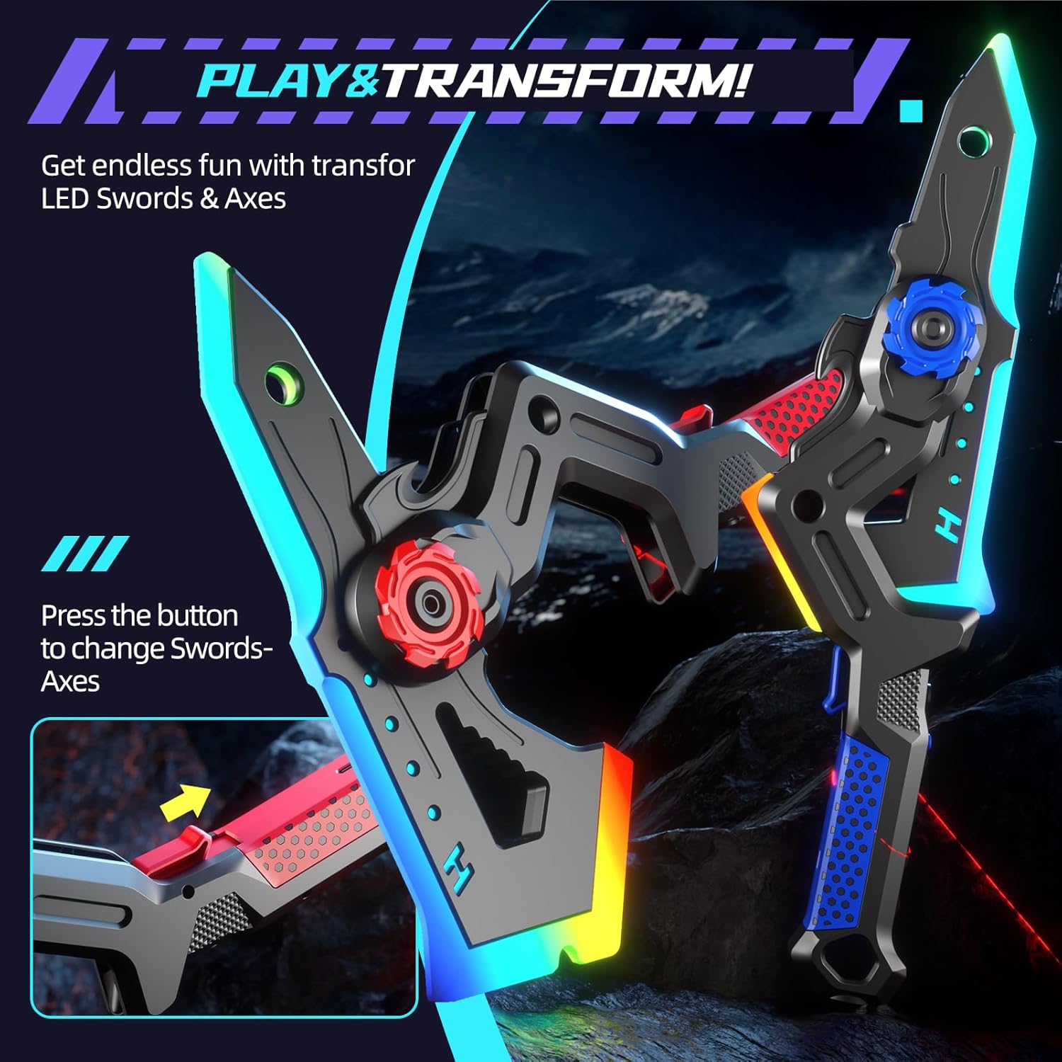 2 Pack Transforming Light Up Swords for Kids, Rechargeable LED Glowing Sword & Axe Toys with Mist Spray & Sound, Connectable Double-Bladed Weapons, Halloween Costume Cosplay Accessories for Boys 8-12
