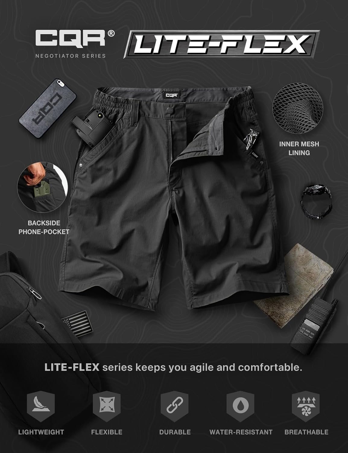 CQR Men's Flex Casual Cargo Shorts, Lightweight Water Resistant Golf Shorts, Stretch Tactical Work Shorts with Multi-Pocket - Image 7