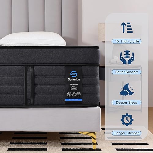 Miniatura 4 de Suiforlun Colchón Queen de 15 pulgadas, espuma viscoelástica con infusión de gel y carbón de bambú, colchón híbrido de resortes de bolsillo Euro Top