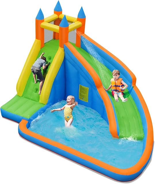 GYMAX Bouncy Castle, Inflatable Slide Bouncer with Water Pool, Long Slide, Climbing Wall, Including Carry Bag, Repairing Kit, Stakes for Kids Children