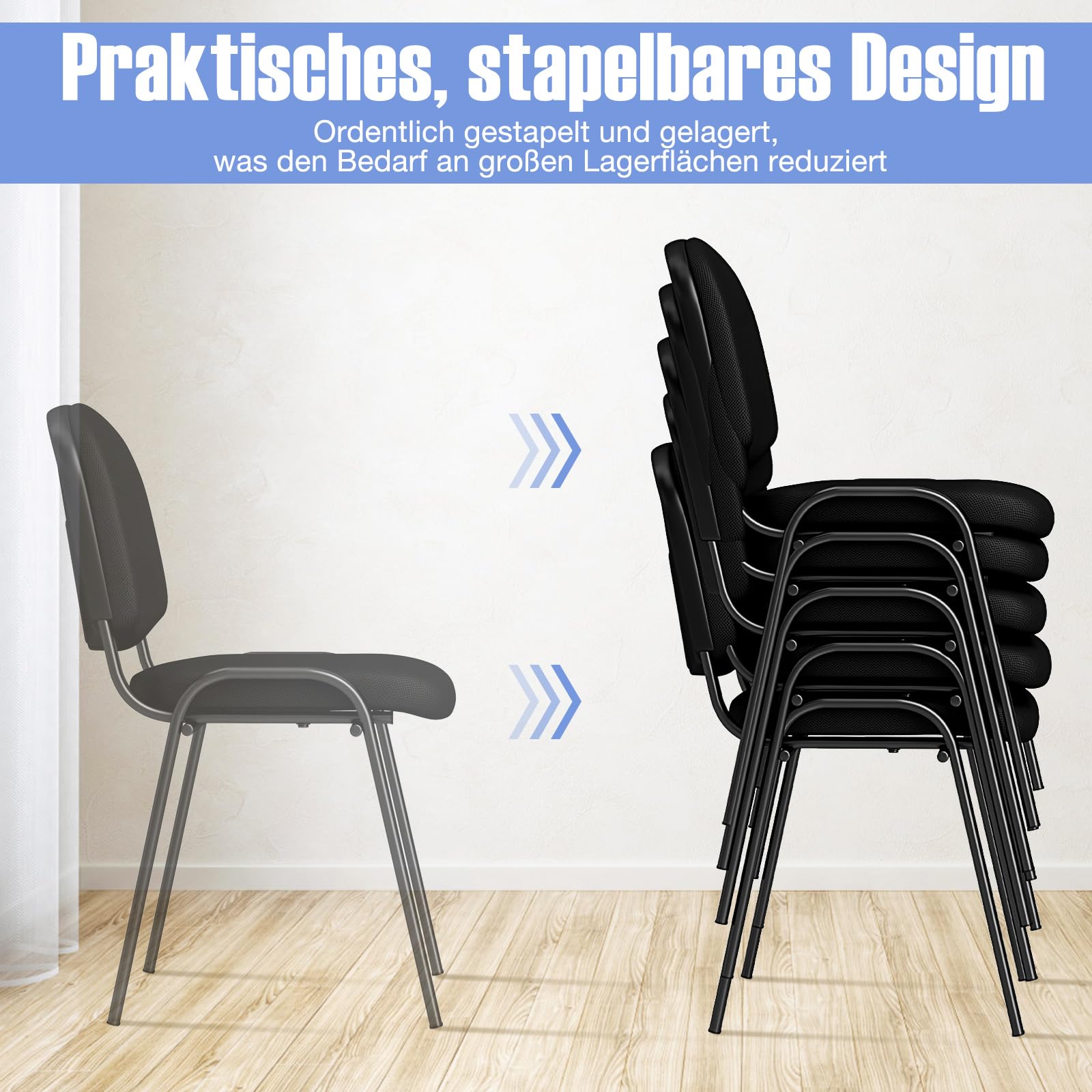 COSTWAY Konferenzstühle stapelbar 5er Set, Besucherstühle ohne Armlehnen, armlose Stapelstühle mit Metallrahmen, Wartezimmerstühle für Büro, Konferenzraum, Schwarz