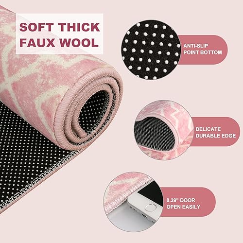 Miniatura 3 de Wonnitar Alfombra marroquí lavable  Pequeña alfombra rosa de 2 x 3 pulgadas, suave, antideslizante, para dormitorio de niñas, moderna geométrica
