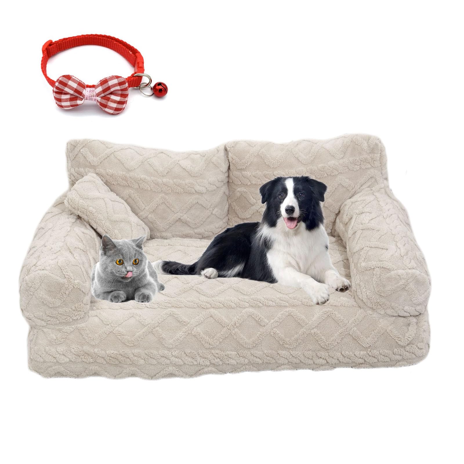 Plush Calming Dog Sofa Bed with Removable Washable Cover, Anti-Slip Bottom, for Small to Large Dogs and Cats (Beige, L:65 * 45 * 30cm)