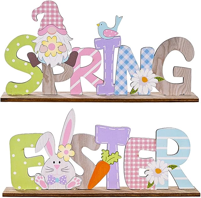 Runmeihe Wooden Table Easter Decorations,Spring Easter Sign Stand Table Decorations,Easter Gifts for Kids,Gnome Bunny Rabbit Ornaments for Easter Crafts,Wooden Ornaments for Home Decor Party