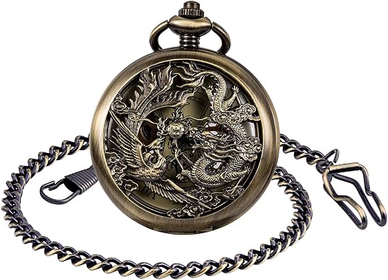 Pocket Watch Dragon & Phoenix Vintage Mechanical Steampunk Skeleton Roman Numerals Fob Watch with Chain for Men Women