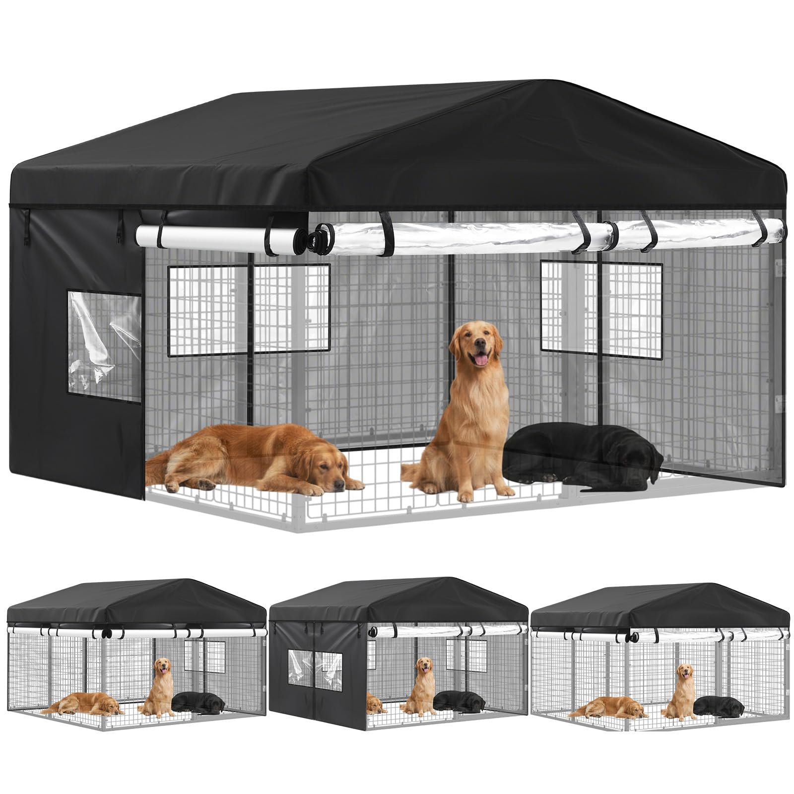 Chunm Outdoor Dog Kennel Cover 8'D x 8'W x 5'H Full Coverage with Clear PVC Window 600D Oxford Fabric Windproof Waterproof Protection Anti UV for Dog Kennels, Cover Only
