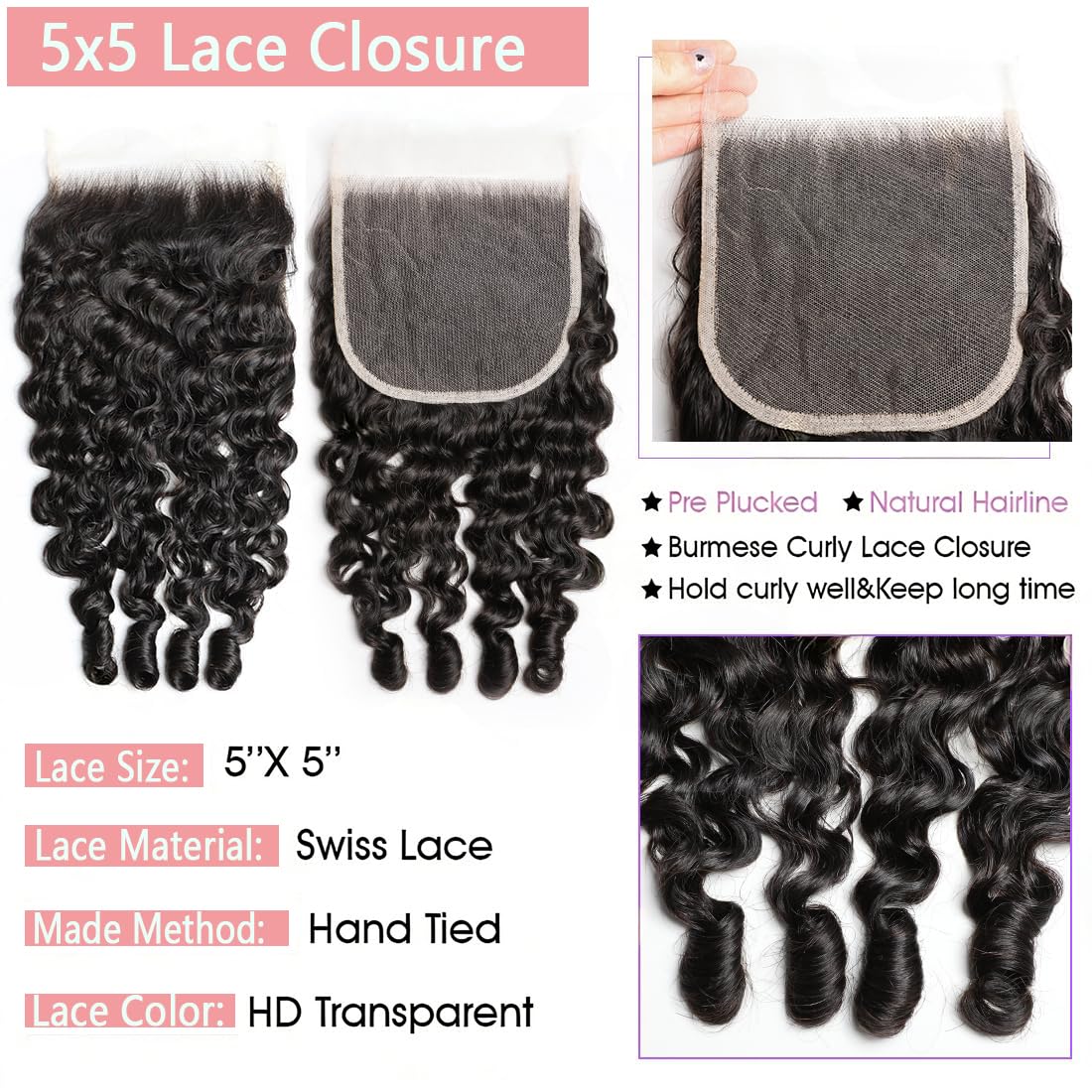 Burmese Curly Bundles Human Hair with 5x5 HD Lace Closure Plucked 12 14 16 Inch+12 In, 12A 100% Unprocessed Brazilian Virgin Hair Water Wave Quick Weave Bundles with Spiral Curly Ends Natural Black
