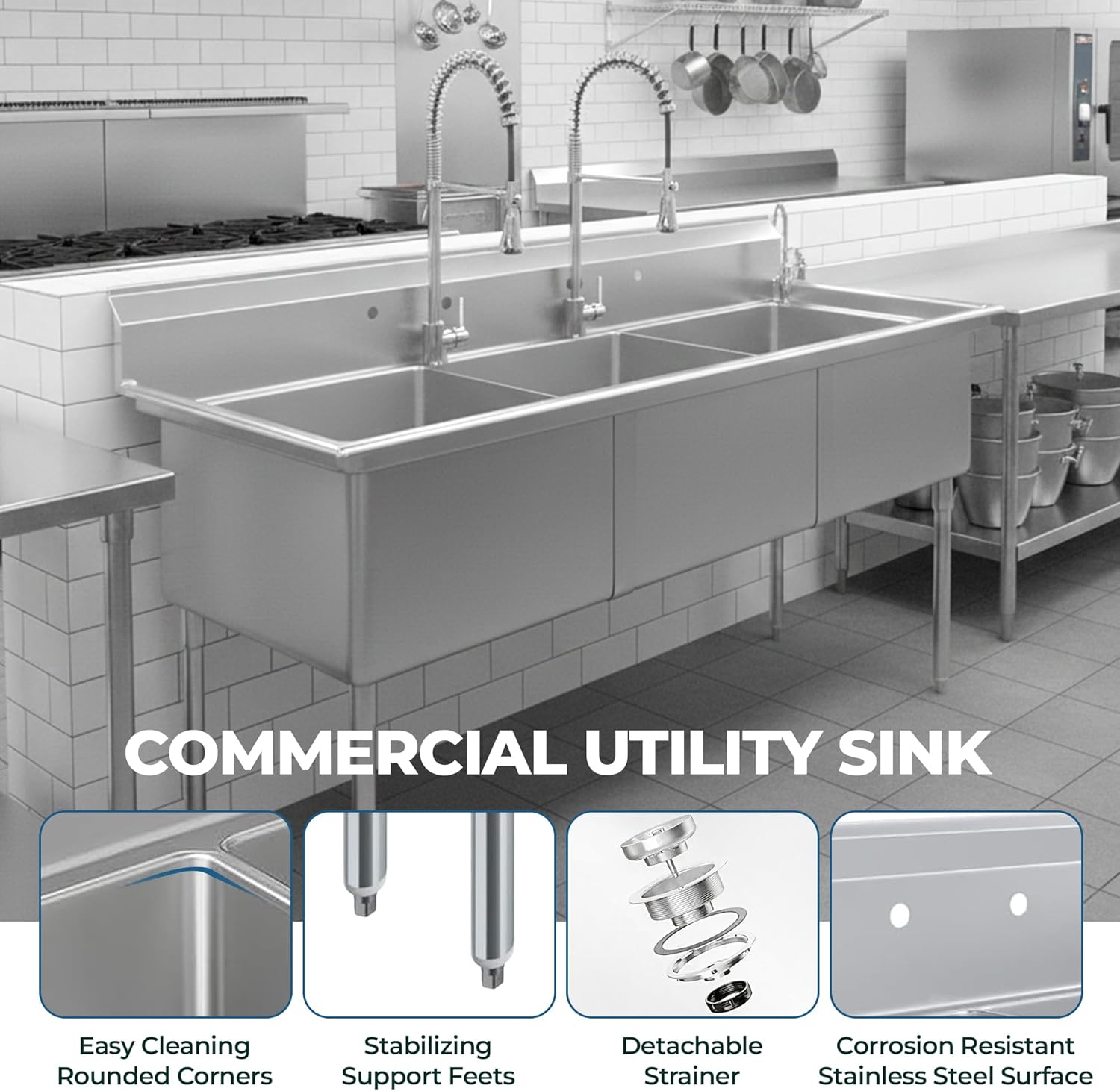 78" x 30" Stainless Steel Three Compartment Sink with 24" x 24" x 14" Bowls | NSF Certified Commercial Utility Sink with Backsplash, Galvanized Legs & Adjustable Feet