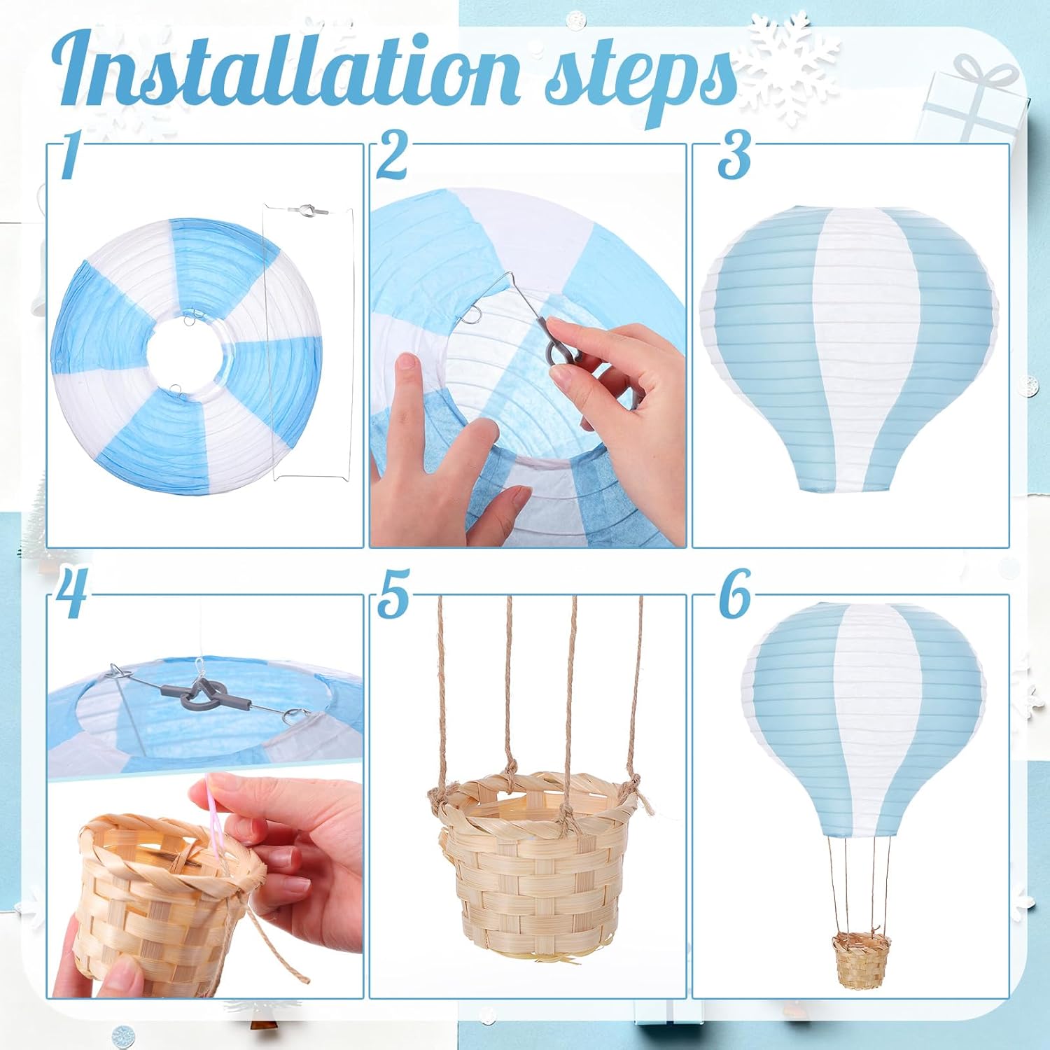 Meooeck 2 Pcs Hanging Hot Air Balloon Decorations Paper Lanterns 12 Inch Reusable Hot Air Balloon Decor Paper Lanterns Set for DIY Craft Wedding Birthday Christmas Home Living Room (Blue White)