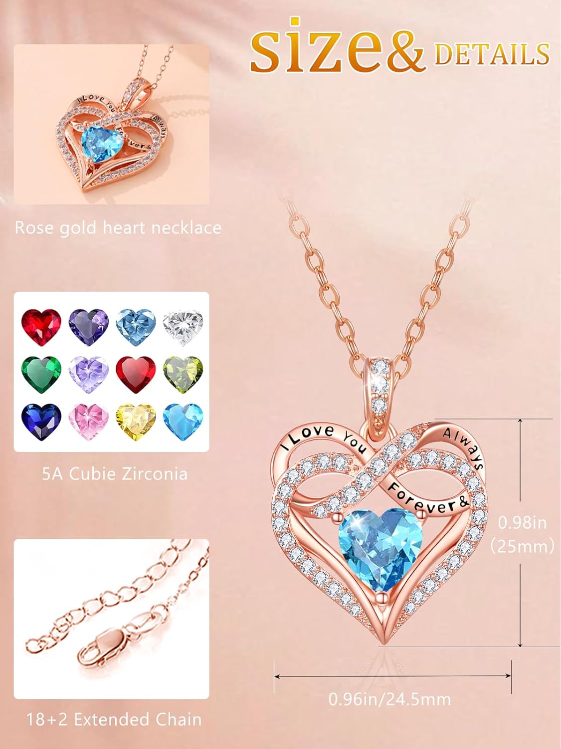 Infinity Rose Gold Valentines Heart Birthstone Necklace for Women,I Love You Always and Forever Jewelry,Valentines Anniversary Birthday Gifts for Her Wife Mom Grandma Daughter - Image 6