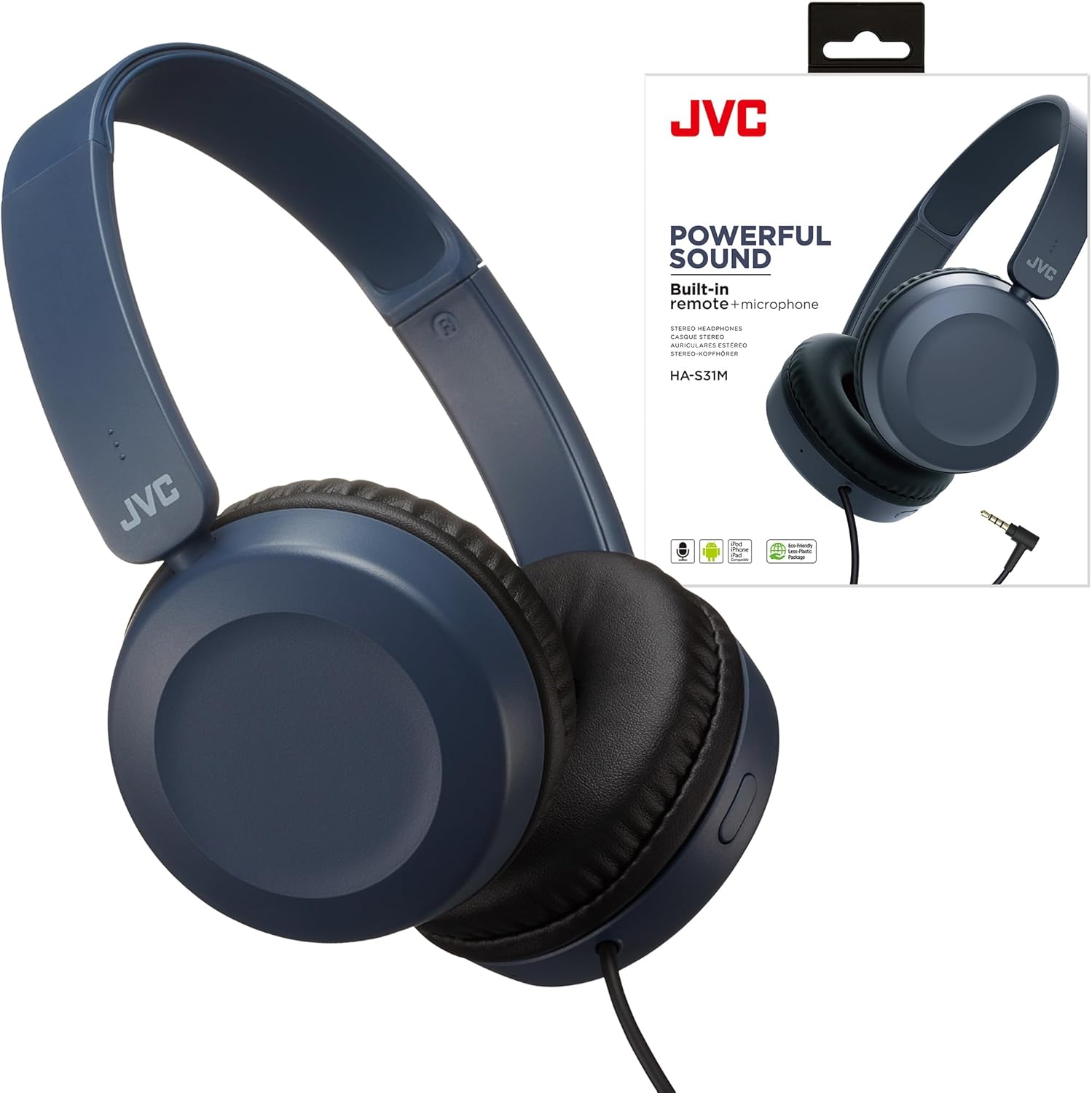 JVC Lightweight On Ear Headphones with Powerful Sound, Integrated Remote & Mic for Smartphones – HAS31MA (Blue), Medium