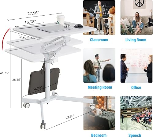 Miniatura 2 de Lipo Escritorio móvil de pie para computadora portátil, altura ajustable, mesa de sofá con ruedas, estación de trabajo blanca con elevador de