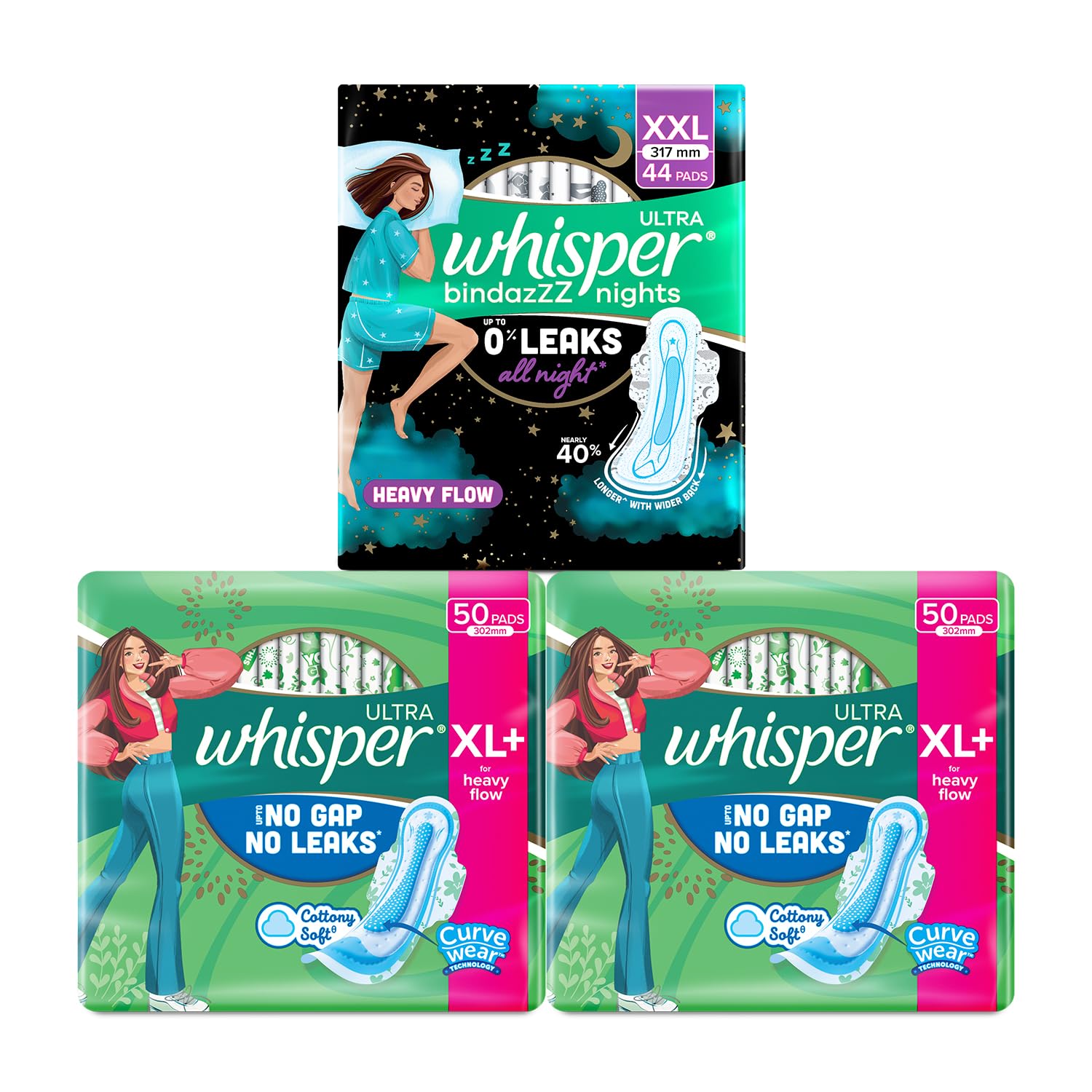 Ultra Clean Sanitary Pads for Women, XL+ 50 (Pack of 2) and Whisper Bindazzz Nights Sanitary Pads, XL+ 44 Napkins