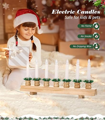 Miniatura 3 de Lewondr Candelabro sueco de Navidad, velas eléctricas con 7 velas cónicas sin llama, luz de puente de vela de madera con alimentación USB, luces