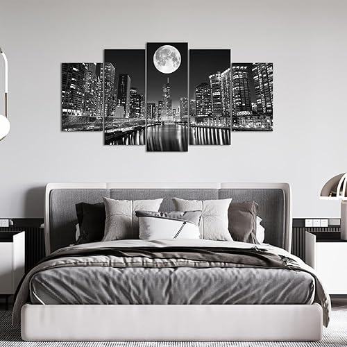 Miniatura 3 de Biuteawal Arte de pared de 5 paneles de paisaje urbano en la noche de la luna, pintura moderna de ciudad en blanco y negro para el hogar, oficina,