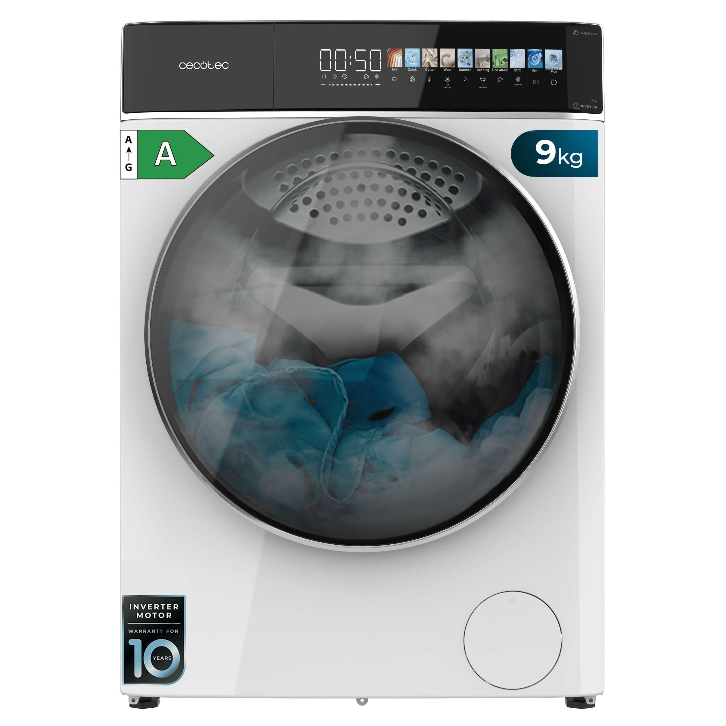 Cecotec Lavadora 9Kg Carga Frontal Autodosis Bolero DressCode 9900 Autodose Inverter FullColor A. 1400 Rpm, Pantalla 10,3", Inverter, SteamMax, Clase A Etiqueta Energética