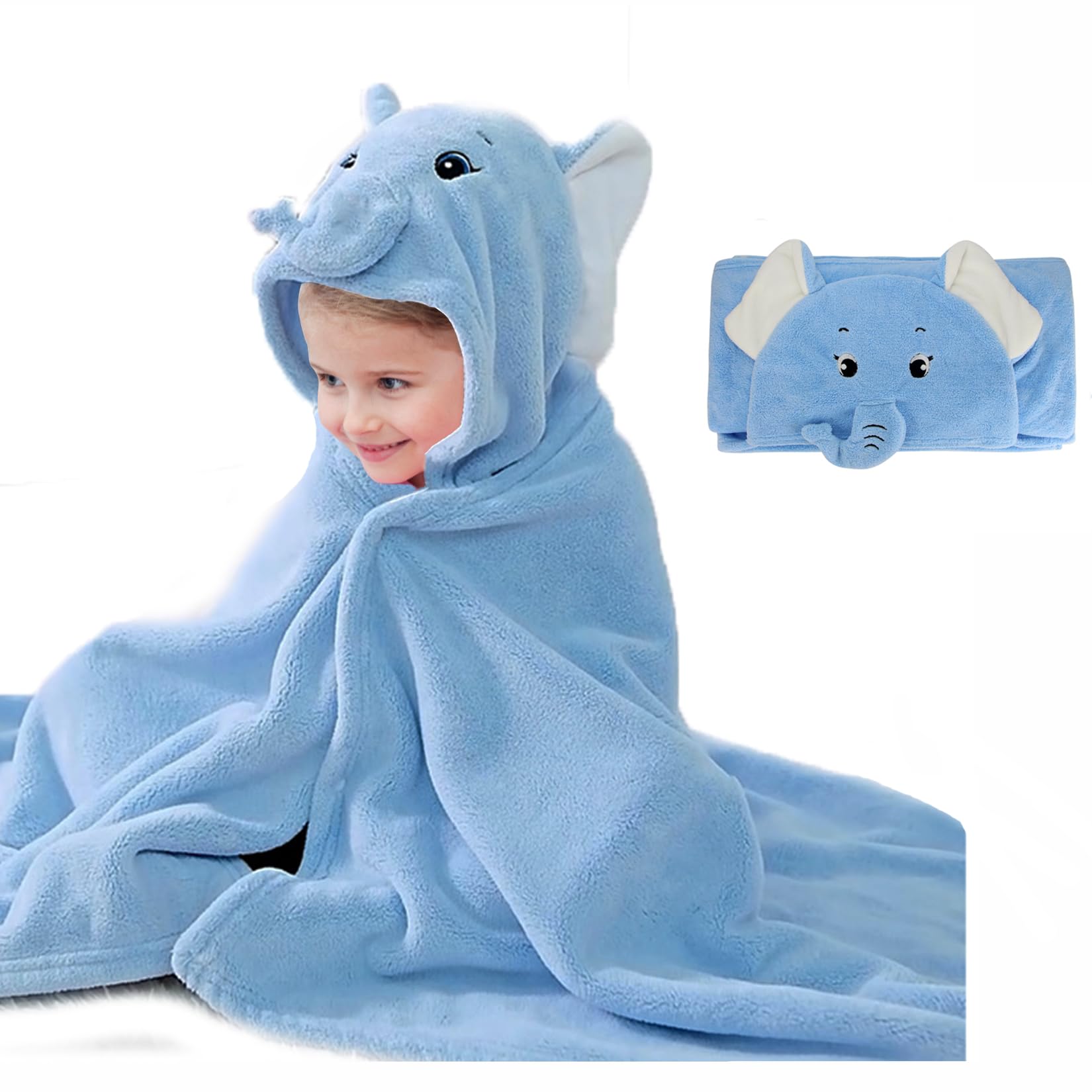ROMASA Baby Bath Towel Ultra Soft Hooded Towel Highly Absorbent Bathrobe Blanket Toddlers Shower Gifts for Boys Girls-27.5" x 55" (Blue Elephant)