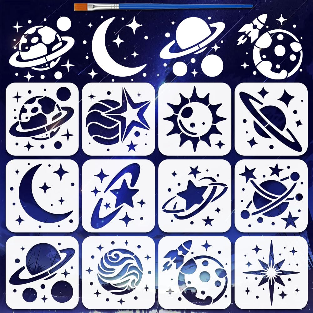FINGERINSPIRE 12Styles Planets Pattern Stencils with a Brush 15x15cm Moon Stars Painting Stencils PET Solar System Stencil Science Fiction Themes Template for Painting on Wood Wall Fabric Furniture