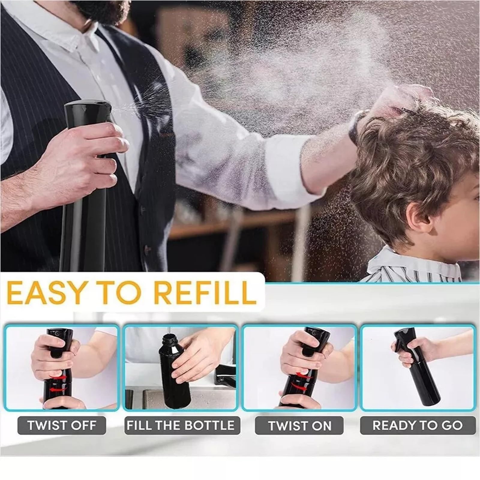 2 flaconi spray da 300 ml, nebulizzatore continuo per acqua, nebulizzatore fine, vuoto, per acconciature, irrigazione delle piante, cura degli animali domestici, pulizia della casa (nero +
