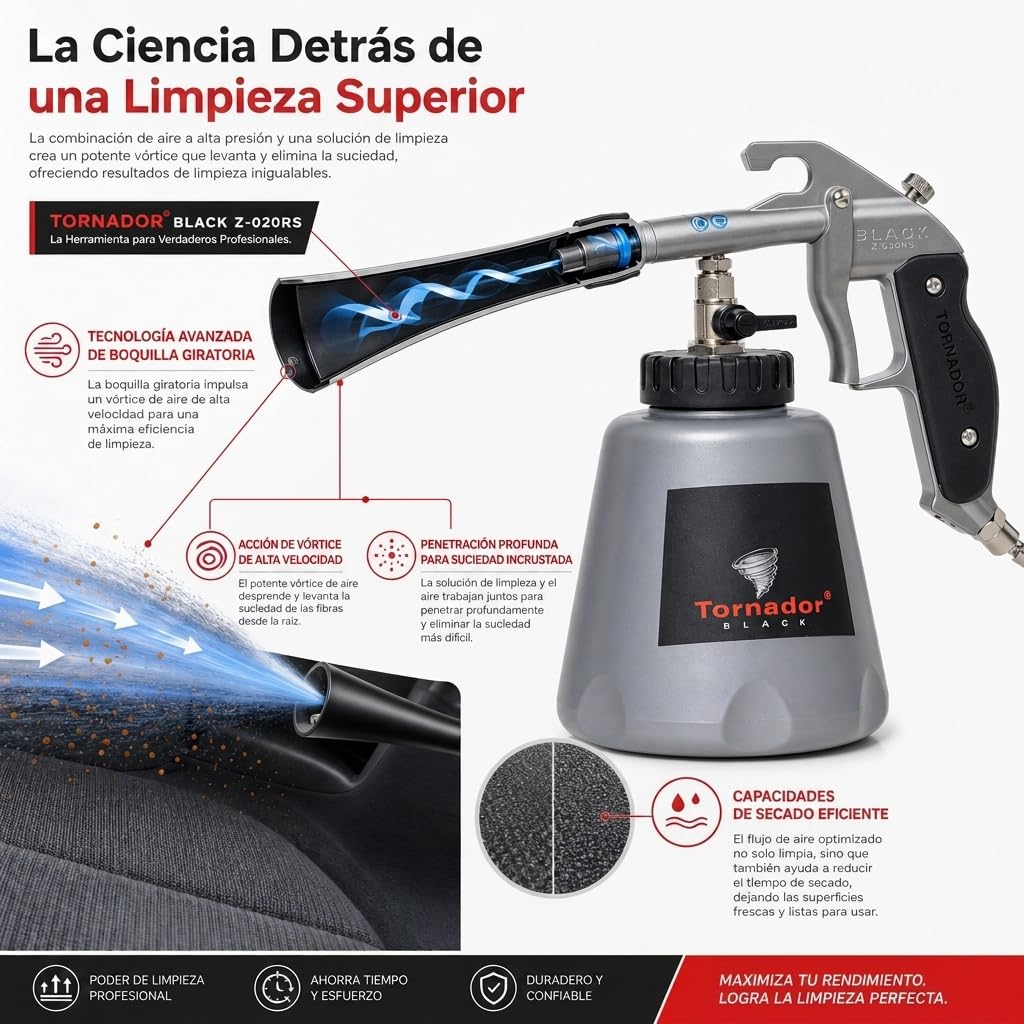 Tornador - Pistola de Aire Comprimido TORNADOR® BLACK Z-020RS, Alta Presión para Compresor, Ideal para Limpieza de Coches, Suelos y Techos, 6-9,2 Bar