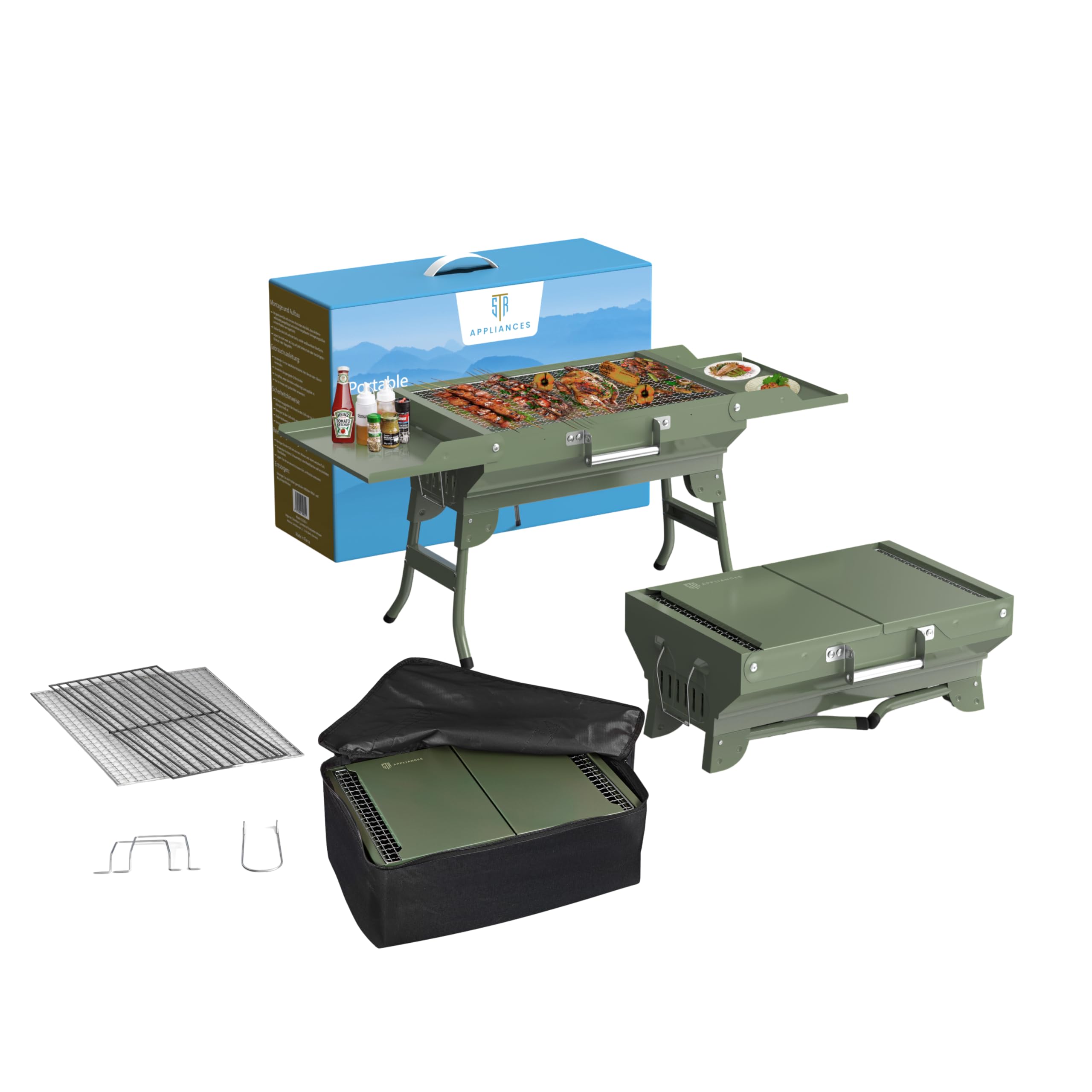 Tragbarer Campinggrill Klappbar mit Tragetasche – Holzkohle Tischgrill 45x31 cm – Faltbarer Grill für Camping, Picknick, Garten & Balkon – Kompakter Reisegrill mit Ablagen