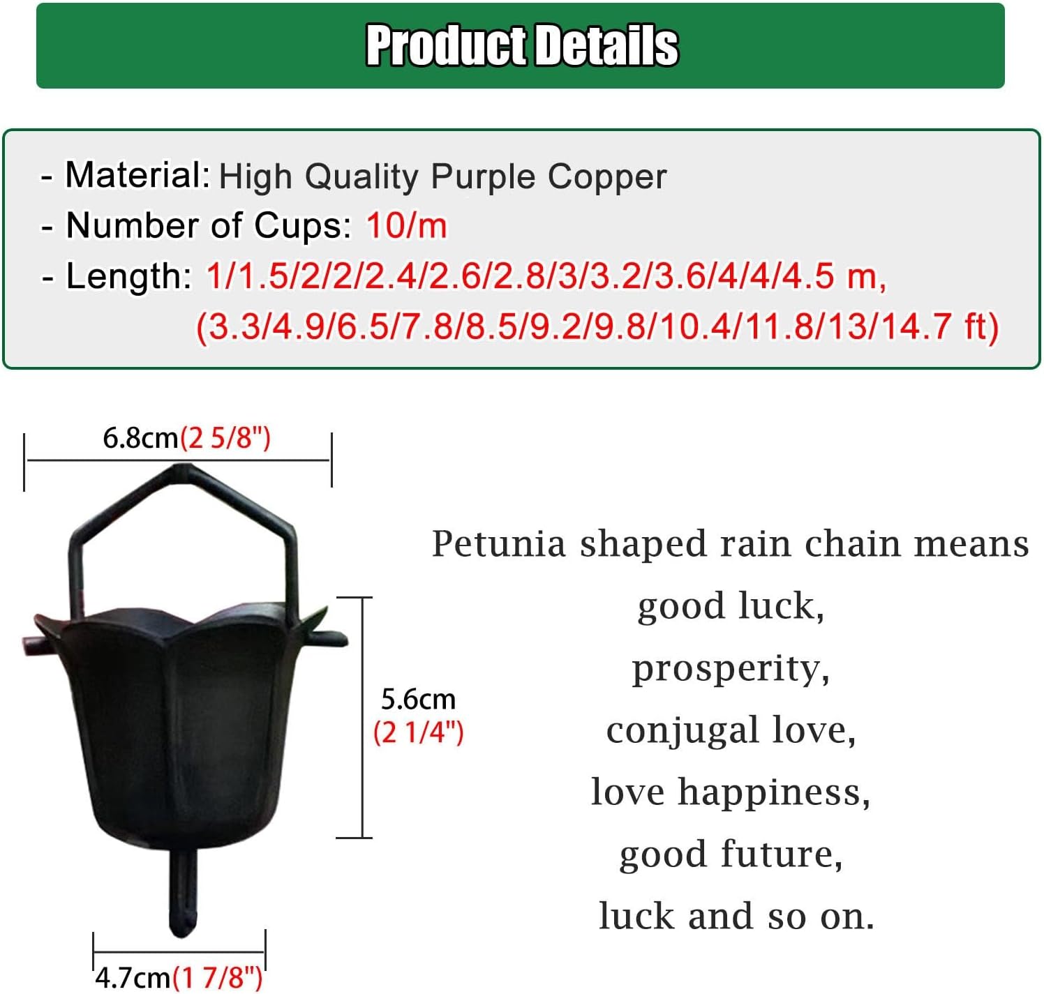 Black Copper Rain Chains - 8.5ft Waterfall Rain Catcher, Outdoor Garden Gutter Downspout Drainage Kit with Hook, Decorative Water Feature for Patios and Yards