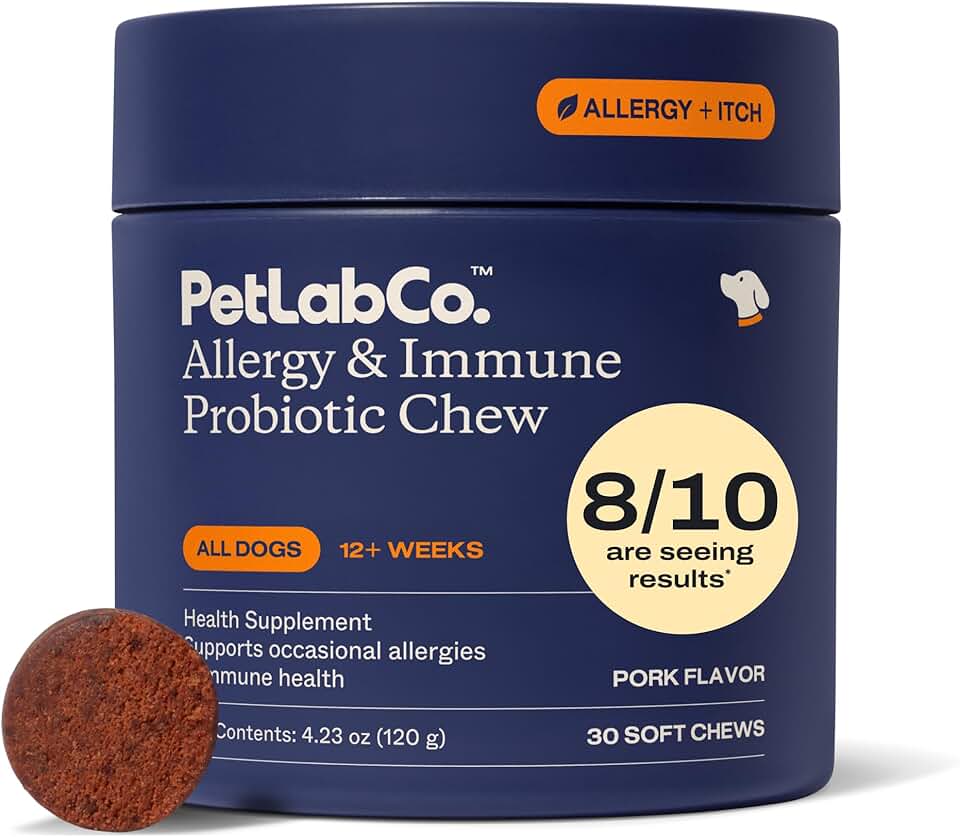 PetLab Co. 狗用過敏和免疫益生菌，支持季節性過敏、腸道和消化系統健康 - 豬肉口味 - 30 粒軟咀嚼片 - 包裝可能有所不同