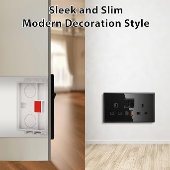 CNBINGO Double Switched Socket with 20W PD USB C and A Fast Charging Ports, Electric Power Sockets 2 Gang 13 Amp, Black Tempered Glass Panel Wall Outlet, 5 Pack | 20W PD Typ-C and USB-A Fast Charging Ports, Electric Socket with Power Switch, 2 Gang 13 Amp Wall Outlet, DIY install