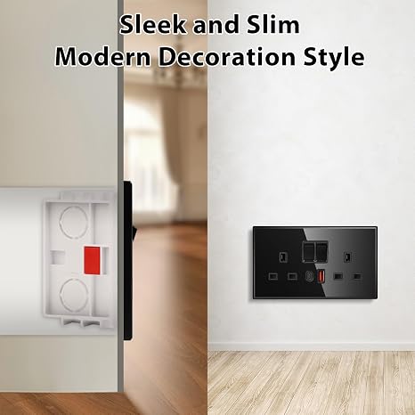 CNBINGO Double Switched Socket with 20W PD USB C and A Fast Charging Ports, Electric Power Sockets 2 Gang 13 Amp, Black Tempered Glass Panel Wall Outlet, 5 Pack | 20W PD Typ-C and USB-A Fast Charging Ports, Electric Socket with Power Switch, 2 Gang 13 Amp Wall Outlet, DIY install