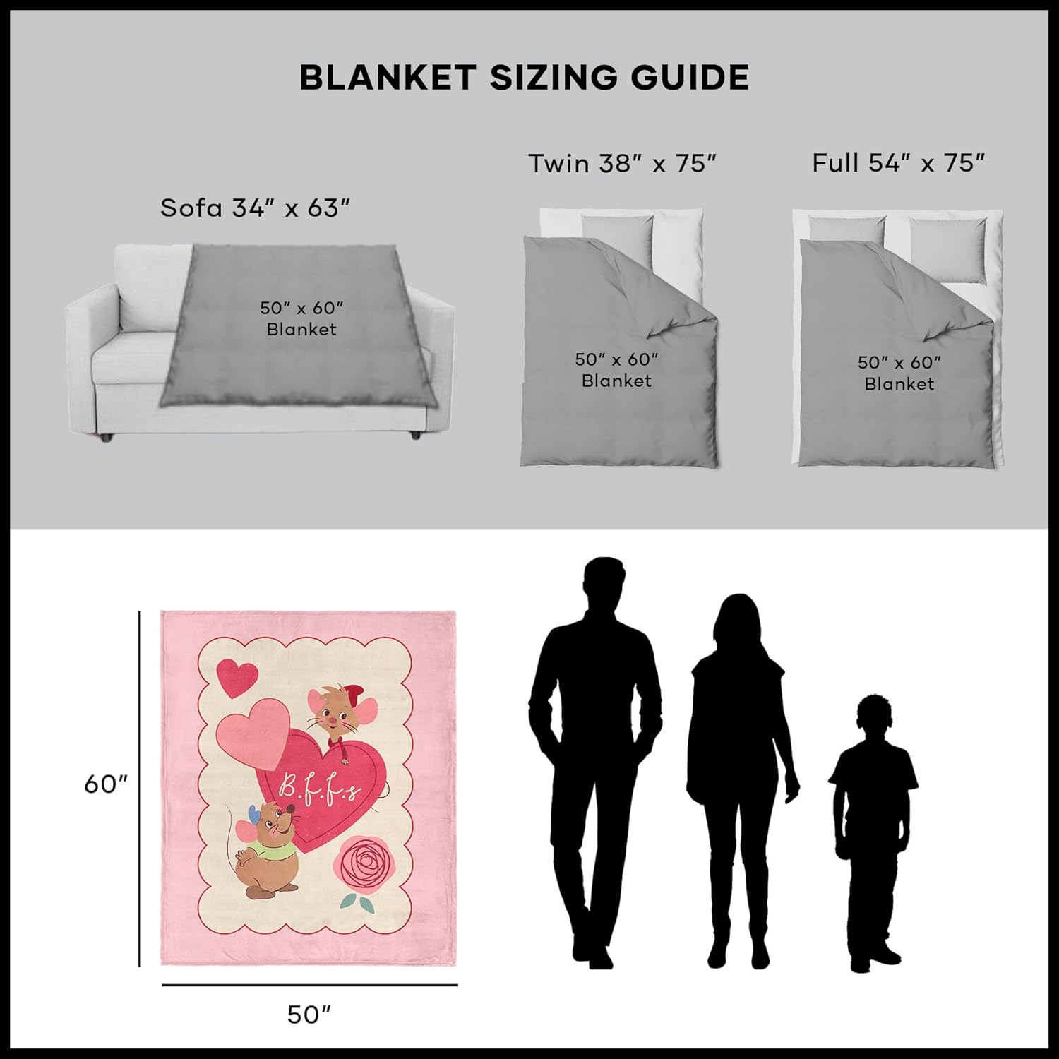 Disney Jaq and Gus Valentine Throw Blanket, Silk Touch Sherpa, Cinderella Heart Design, Soft Cozy Fleece for Girls & Disney Fans, 50x60 Inches