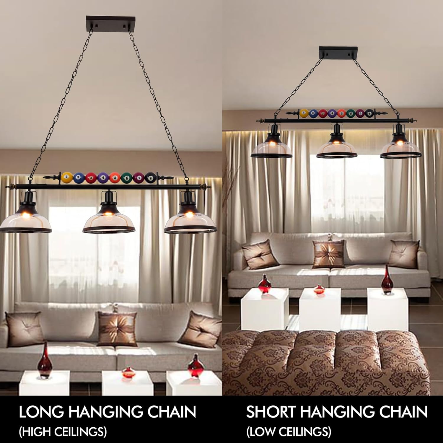 3-Light Billiard Pool Table Lights, Black Billiard Pendant Lamp with 3 Glass Shades and Billiard Ball Decor, for 7'-8' Billiard Room, Snooker Table, Kitchen Island, Game Room, Beer Party