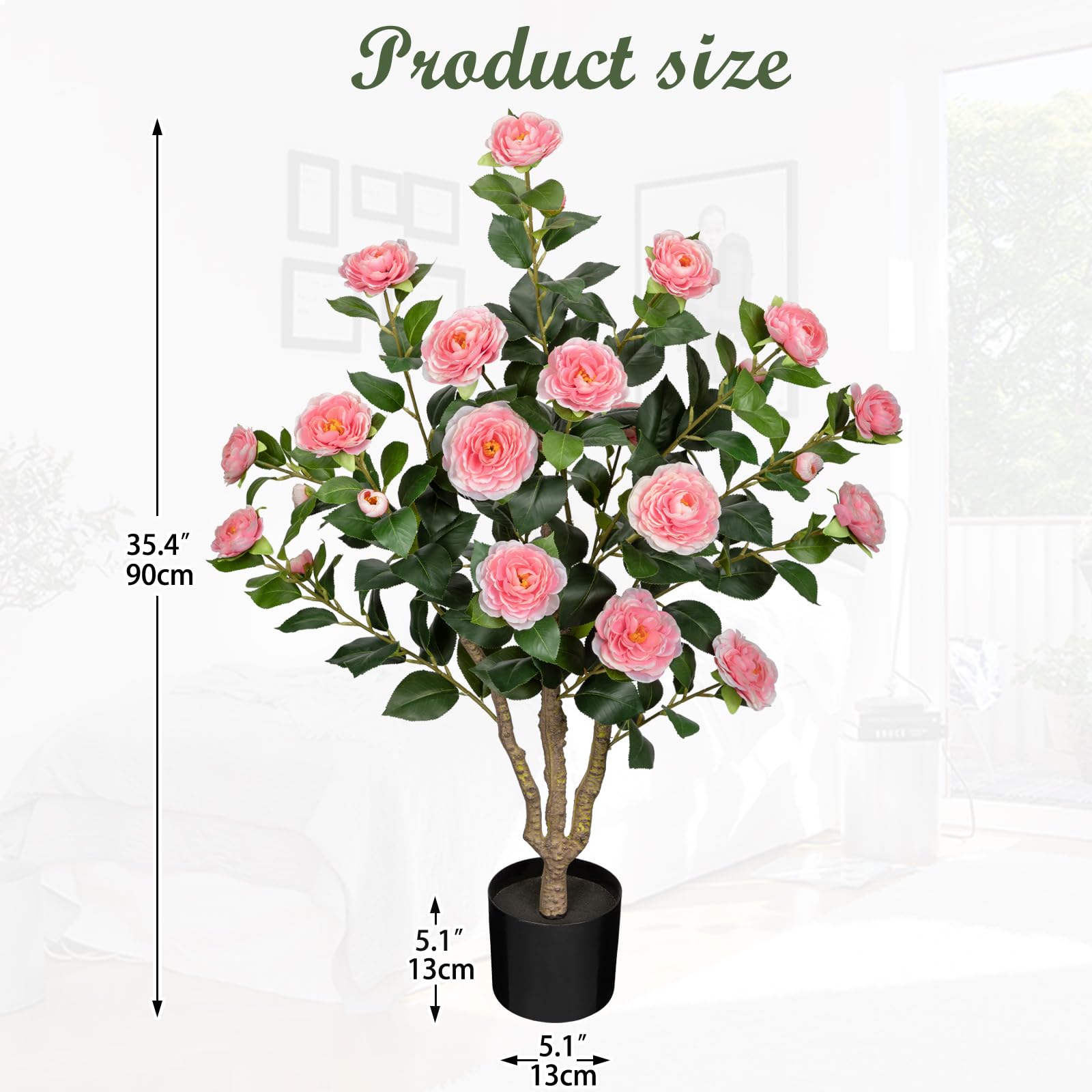 Künstlicher Kamelienbaum, künstliche Kamelienpflanze mit rosa Blumen, Kunstblumen, blühender Baum in schwarzem Topf für drinnen und draußen, Büro, Zuhause, Haustür, Veranda, Dekoration (1 Packung –