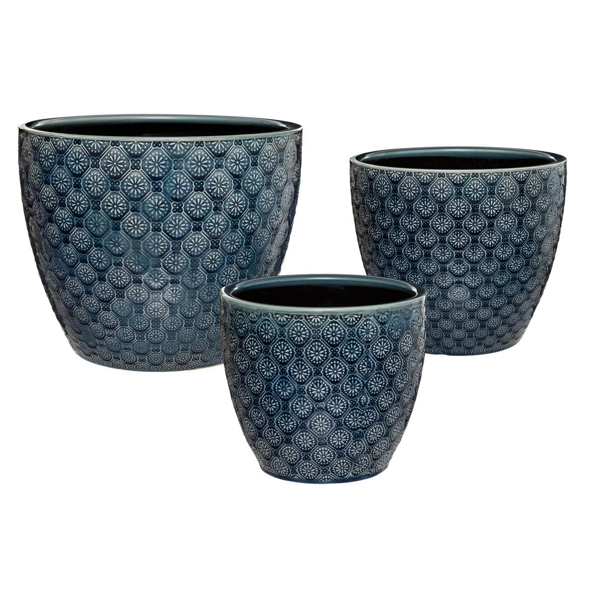 Atmosphera - Set de 3 pots - Fleurs - céramique - bleu