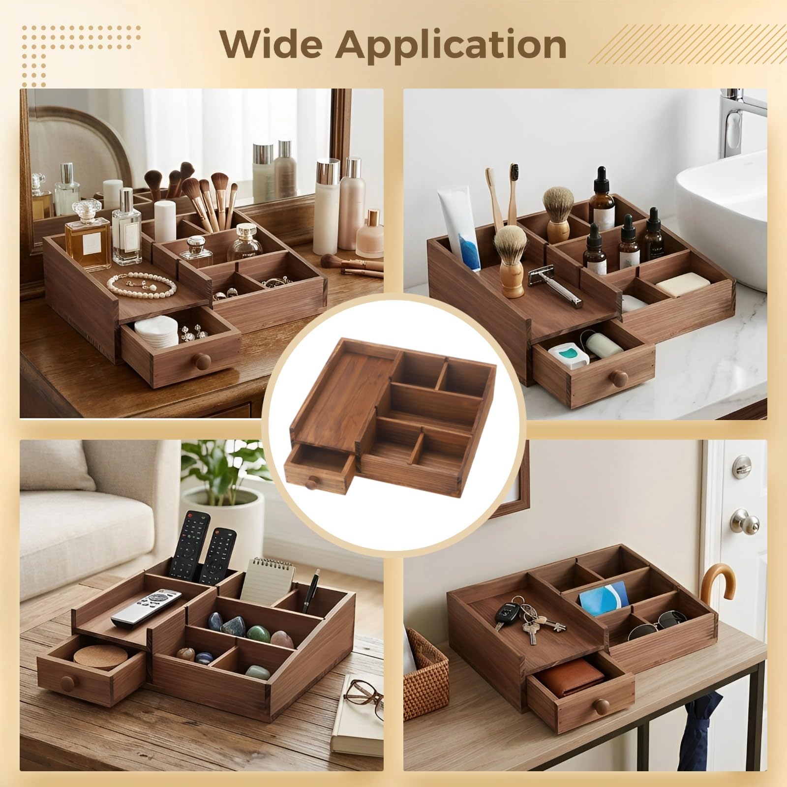 Parfüm Organizer aus Massivholz, verstellbarer Ständer mit 6 Fächern und versteckter Schublade, platzsparendes Tischtablett, eleganter Holz Organizer im Vintage Stil für Bad und Waschtisch